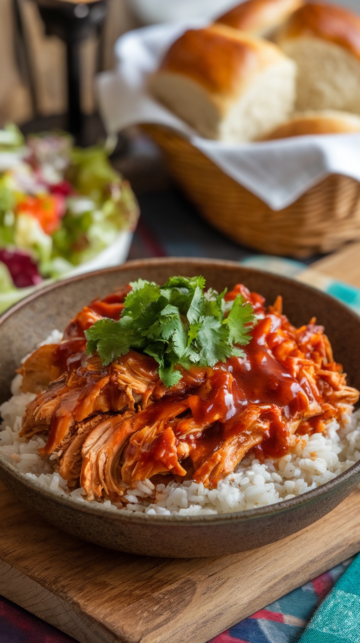 Shredded BBQ chicken in a bowl with rice and cilantro, featuring dinner rolls and salad in the background.